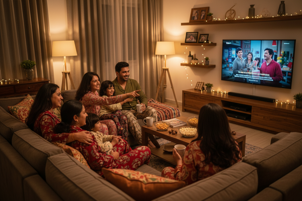 indian women along with family watching movie at home and wearing night suits relaxing
